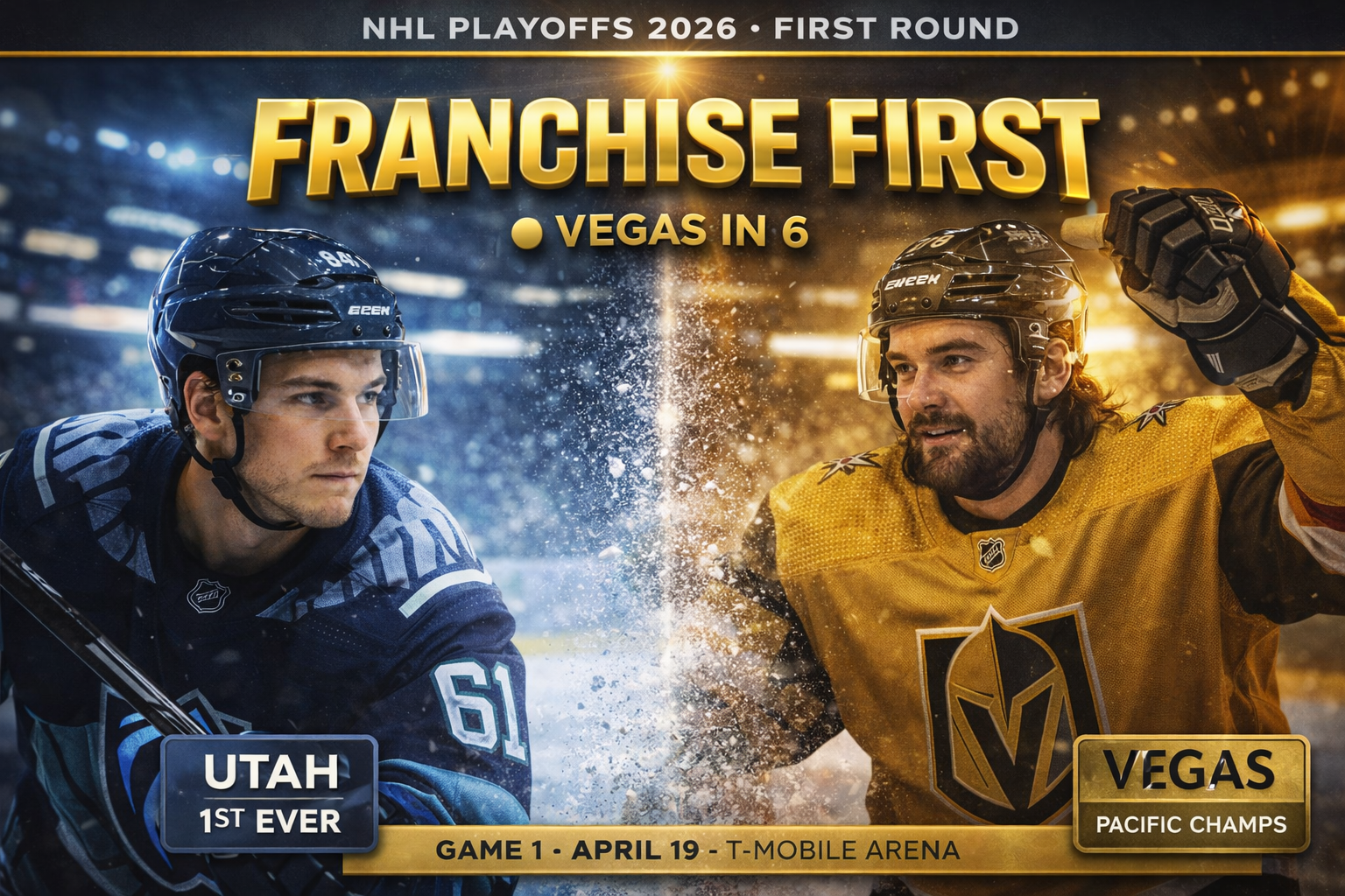 Utah Mammoth vs Vegas Golden Knights 2026 playoff preview with Keller, Eichel, Marner, Vejmelka shown in split-frame composition with T-Mobile Arena and Delta Center venue graphics