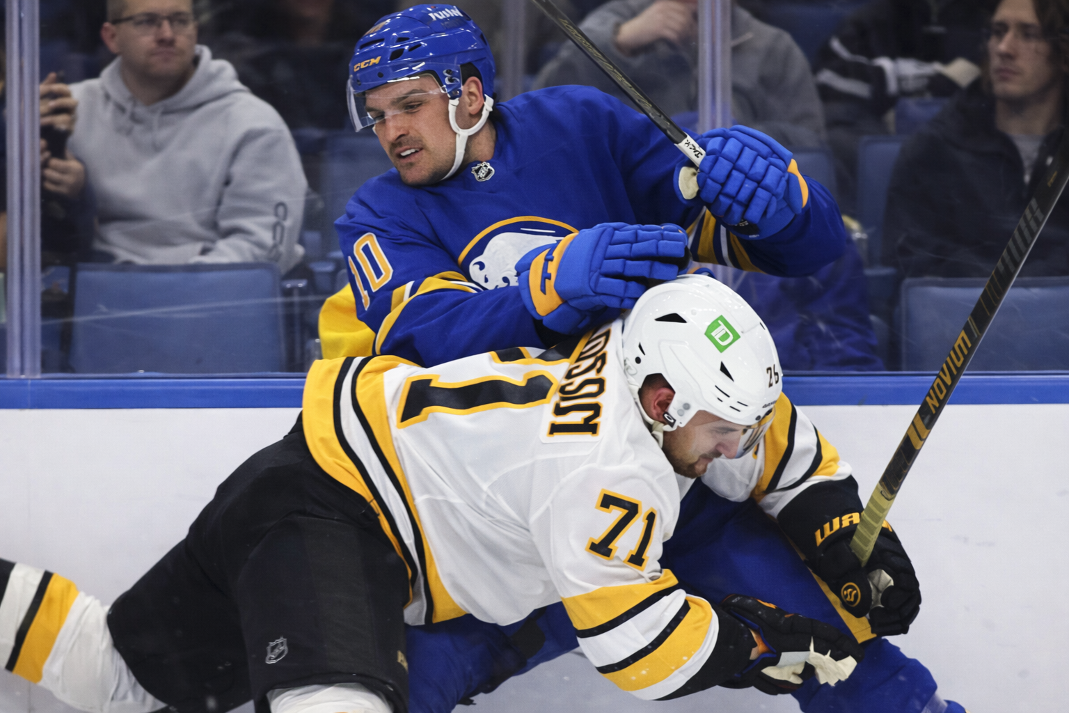 Tage Thompson Buffalo Sabres center and David Pastrnak Boston Bruins right winger face off before Game 1 of the 2026 NHL playoffs first-round series at KeyBank Center Buffalo