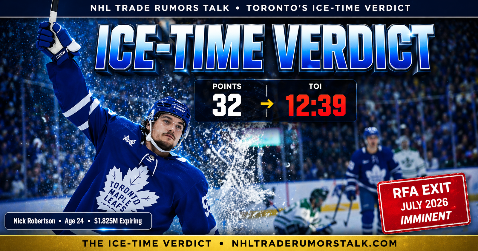 Nick Robertson in Toronto Maple Leafs blue and white jersey with 12:39 ice time stat and 32 career-high points overlay highlighting the Ice-Time Verdict framework, T-Mobile Arena background