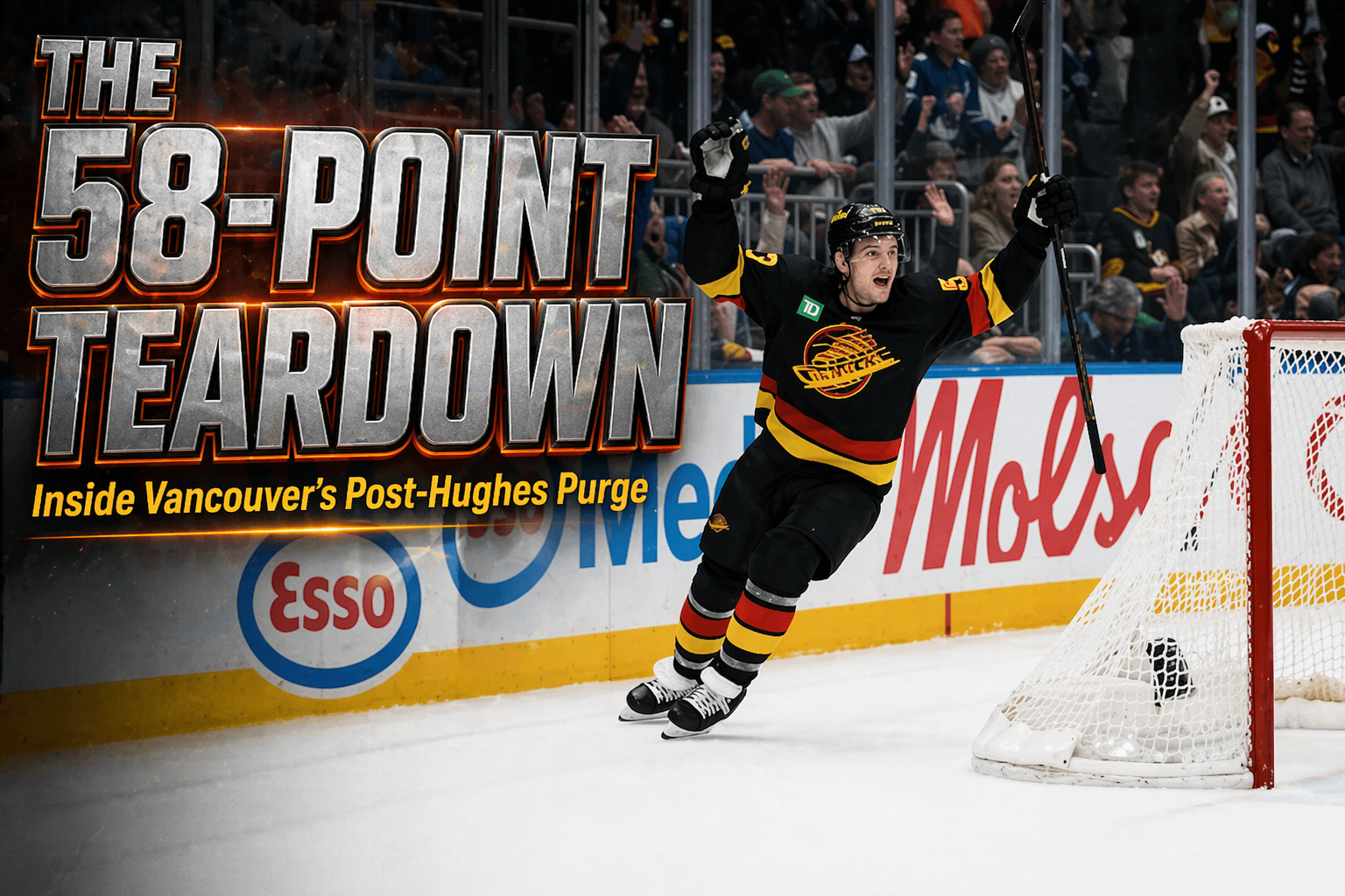 The 58-Point Teardown hero: Vancouver Canucks player celebrates goal in Flying Skate throwback jersey during 2025-26 season as franchise enters Post-Hughes Purge rebuild with Kane, Forbort, Blueger departing