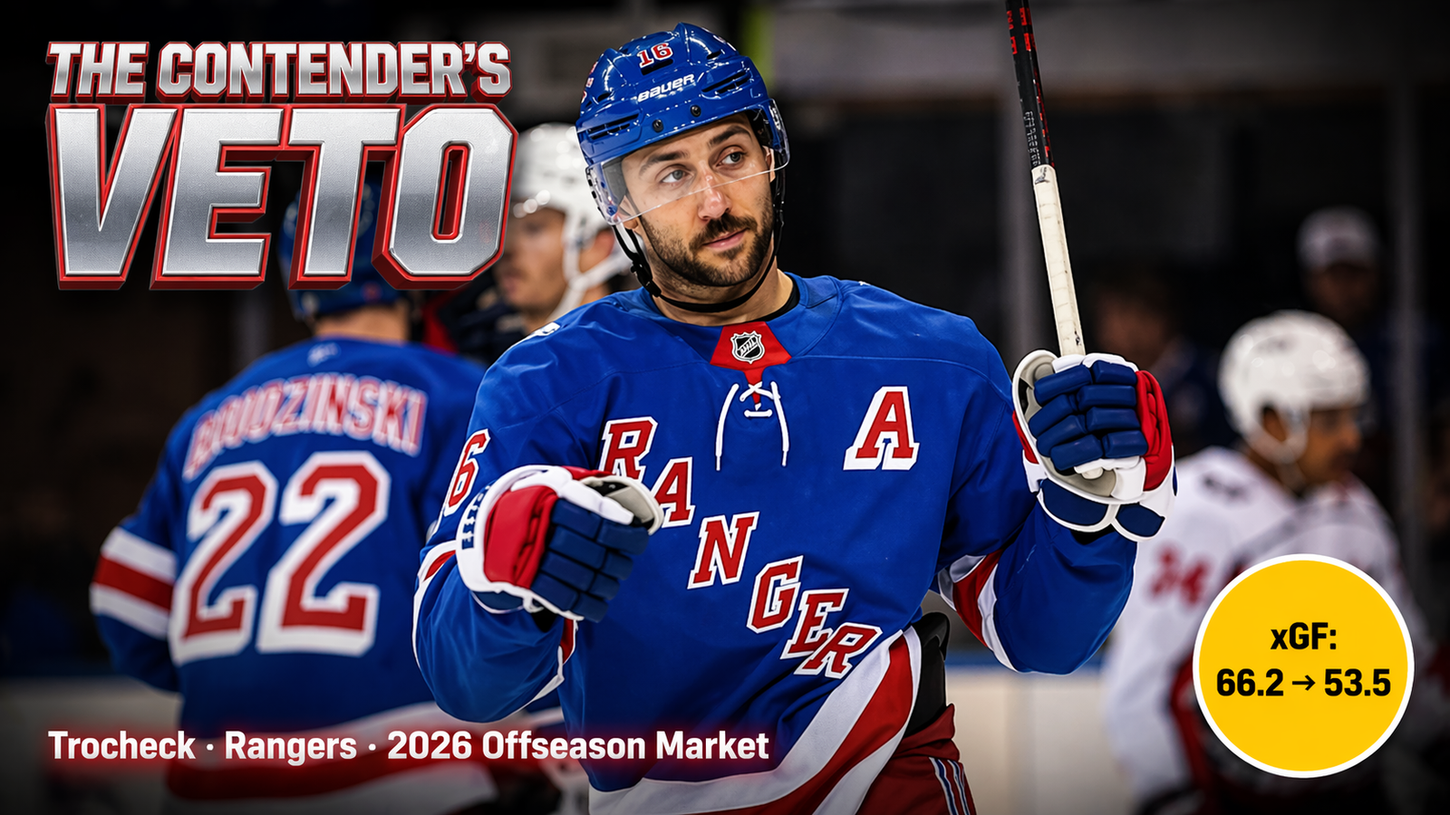 Vincent Trocheck in Rangers road white jersey skating at center ice during 2025-26 home game at Madison Square Garden
