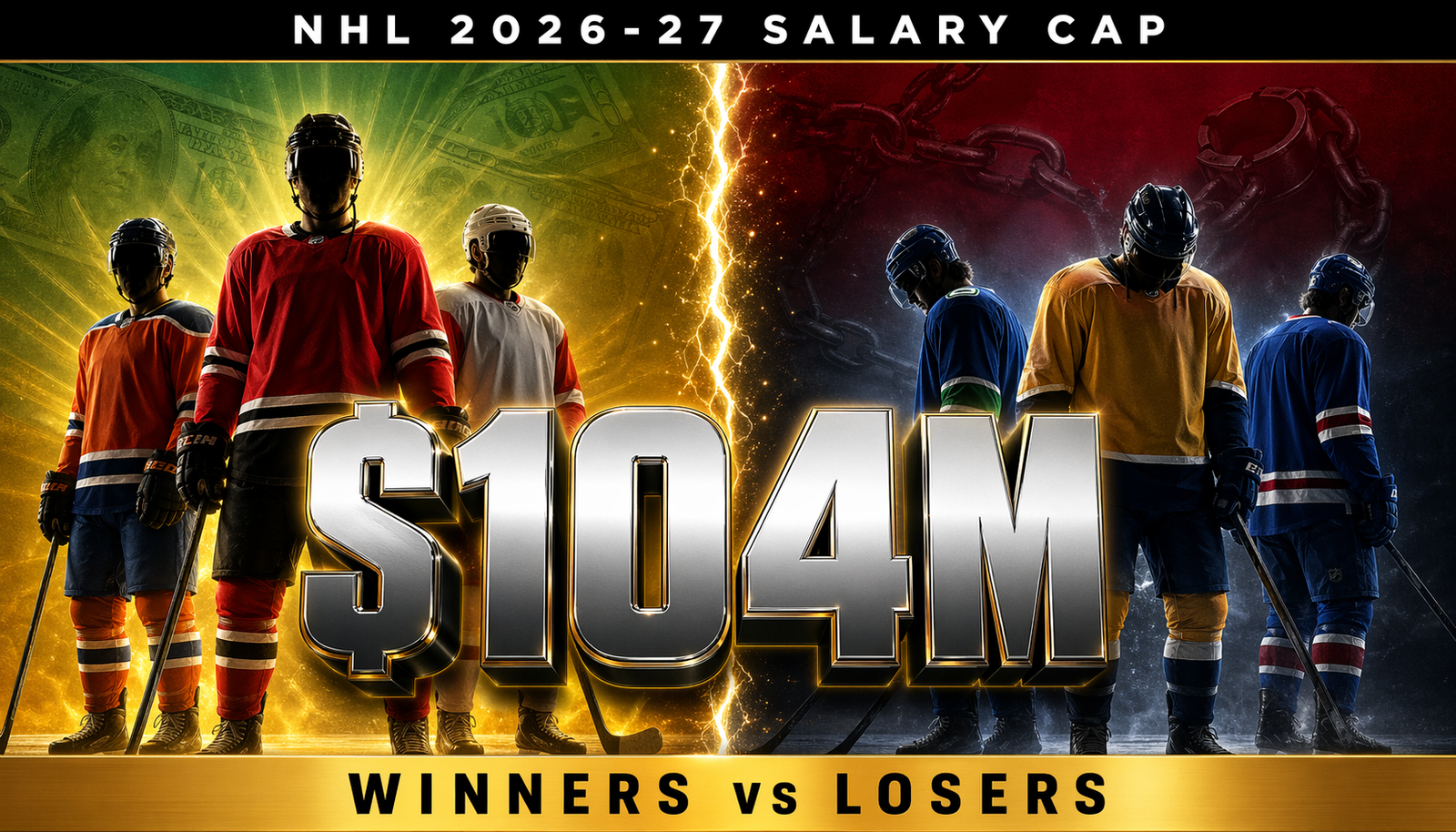 NHL salary cap 2026-27 graphic showing $104 million ceiling with 5 winners and 5 losers team split