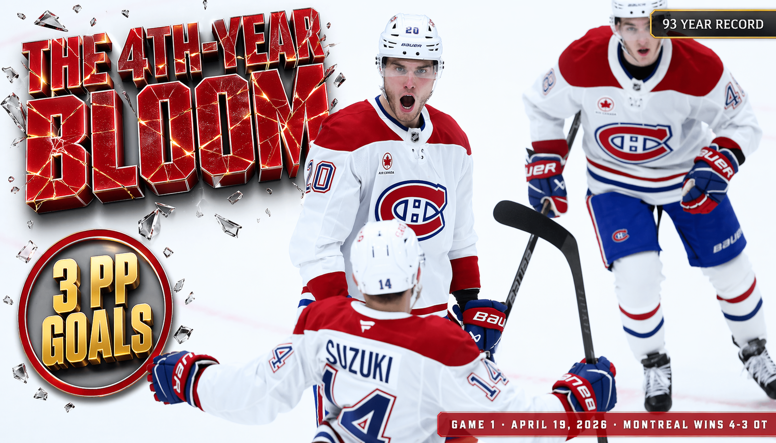 Juraj Slafkovsky celebrates his overtime hat trick goal in Game 1 at Amalie Arena against Tampa Bay Lightning