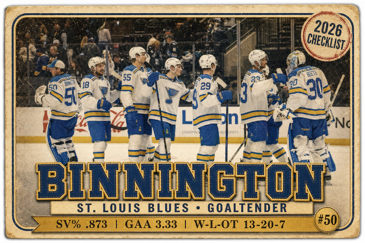 Jordan Binnington St. Louis Blues goaltender split-image with Team Canada 4 Nations jersey representing The Flag-Jersey Split trade thesis April 2026