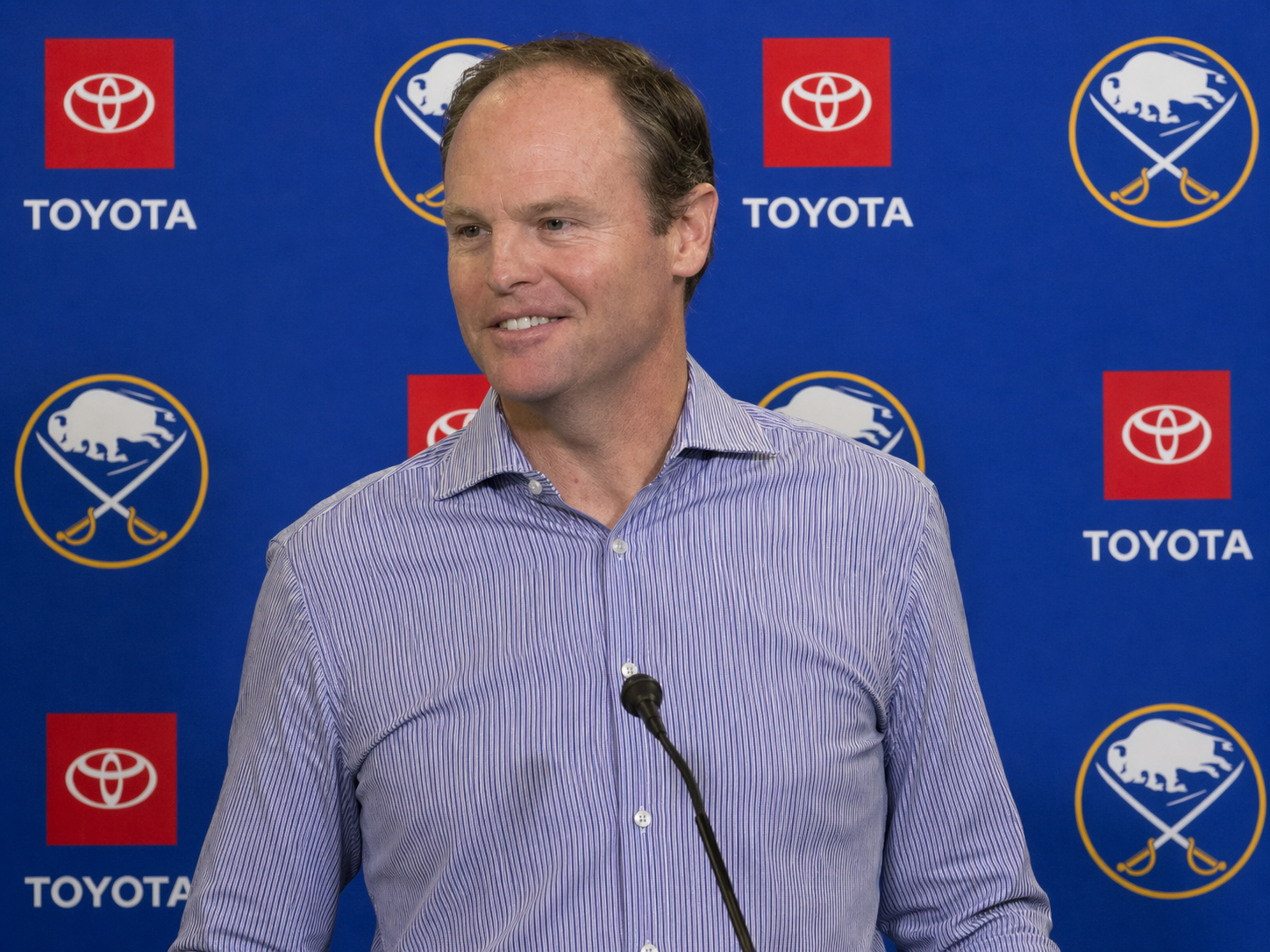 Kevyn Adams former Buffalo Sabres GM split image with Sabres post-firing turnaround representing The Dark Cloud Unlock 14-year drought ending 2026