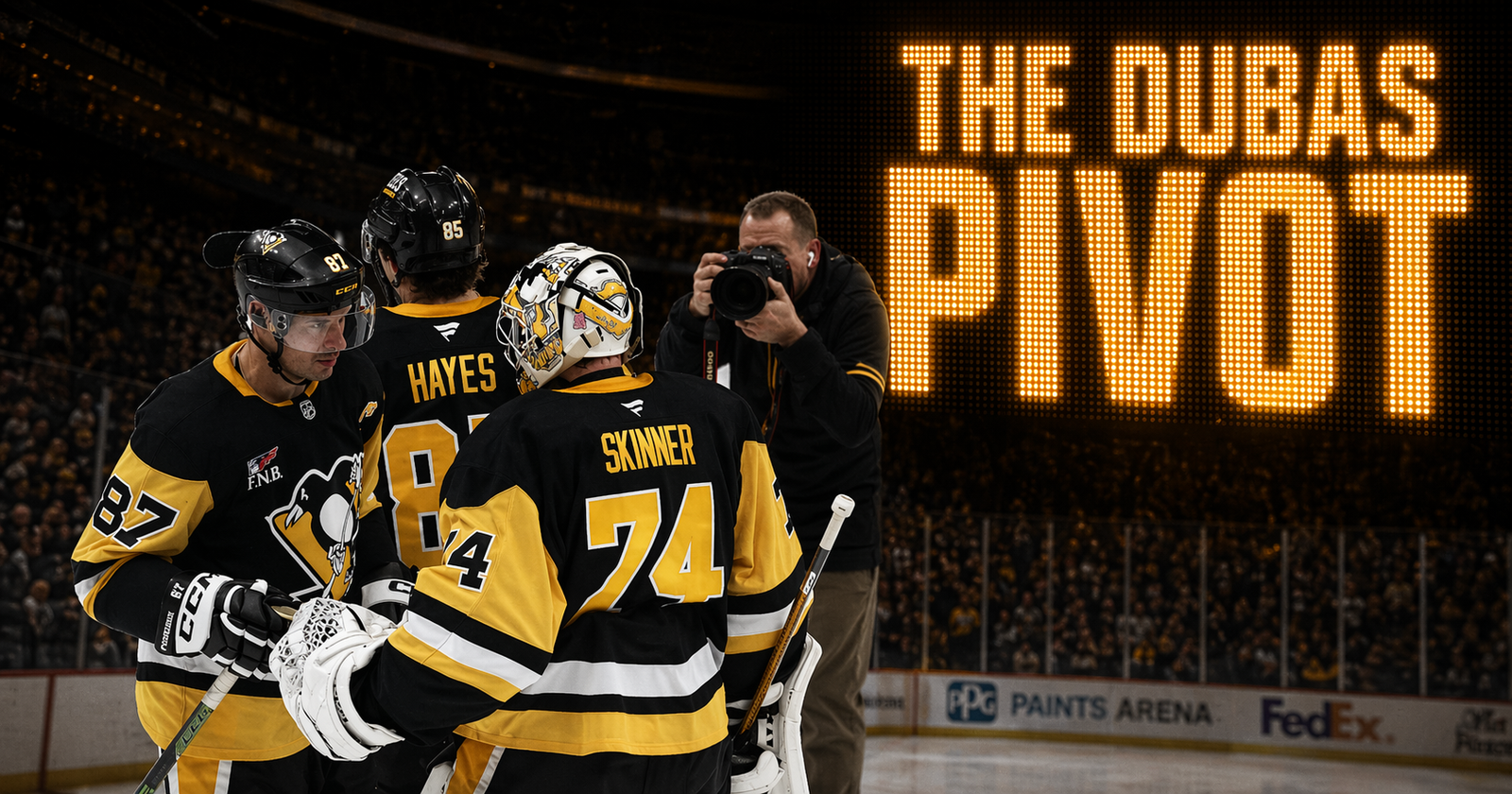 Pittsburgh Penguins GM Kyle Dubas with Crosby Malkin Letang core framing The Dubas Pivot 2026 UFAs Hayes Acciari Skinner not expected back