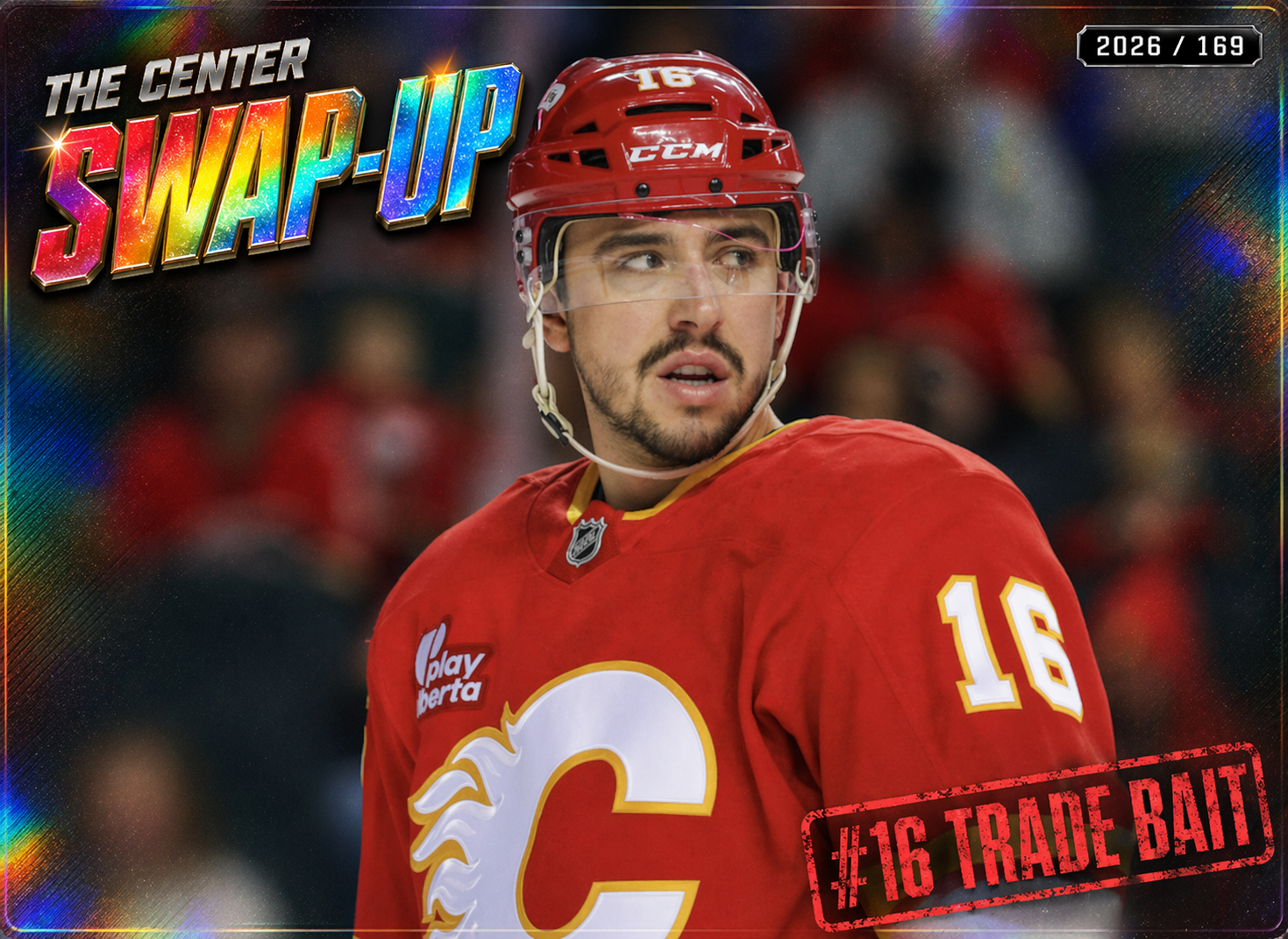 Morgan Frost in Calgary Flames jersey with $4.4M AAV overlay and The Center Swap-Up label showing trade buzz 2026 rebuild framework