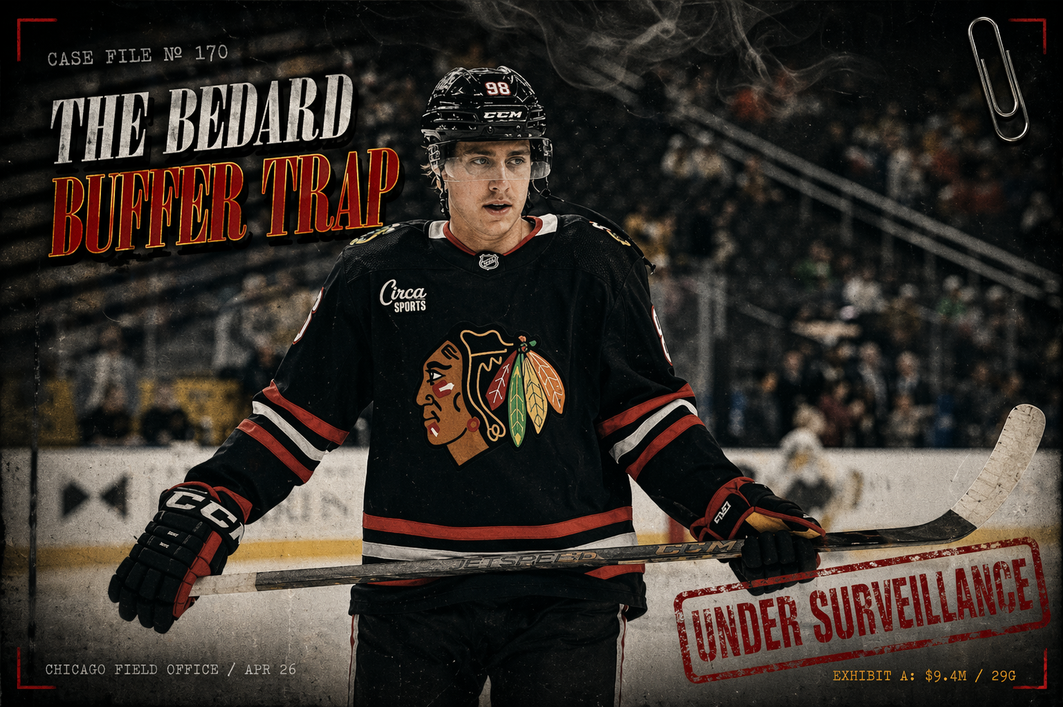 Teuvo Teravainen and Ryan Donato in Chicago Blackhawks jerseys with 9.4M combined AAV overlay showing The Bedard Buffer Trap framework for 2026 offseason trade candidates