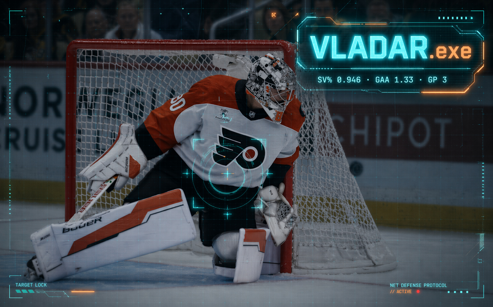 Dan Vladar of the Philadelphia Flyers clutching his right arm after a third-period crease collision with Pittsburgh Bryan Rust in Game 3 of the 2026 first-round playoff series