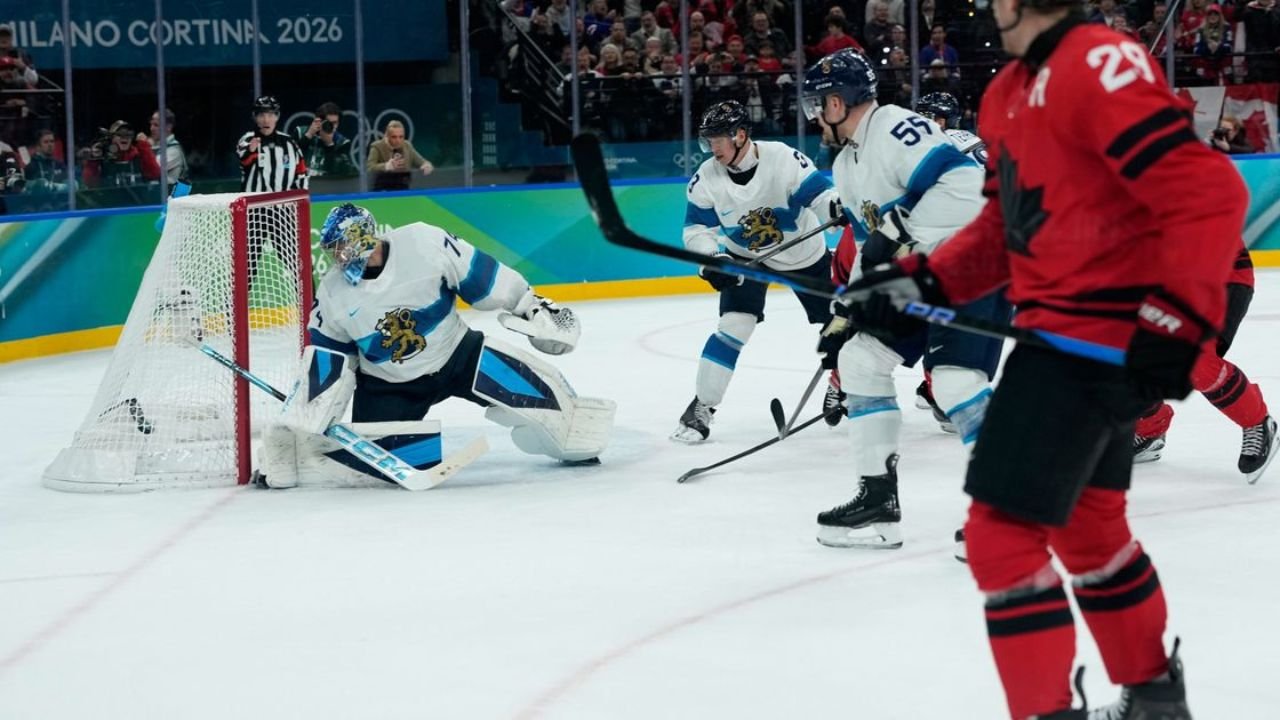 Hockey game with players in action.